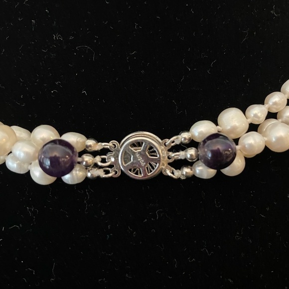 Triple strand cultured pearl & lapis necklace 20” classic old money timeless - Picture 4 of 13